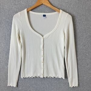 Old Navy Cable Knit Cardigan Sweater White Button Up Preppy Womens V-Neck